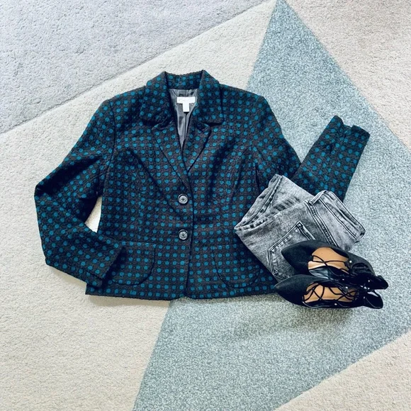 Kim Rogers Petite Black and Blue Polka Dot Blazer - Picture 1 of 7